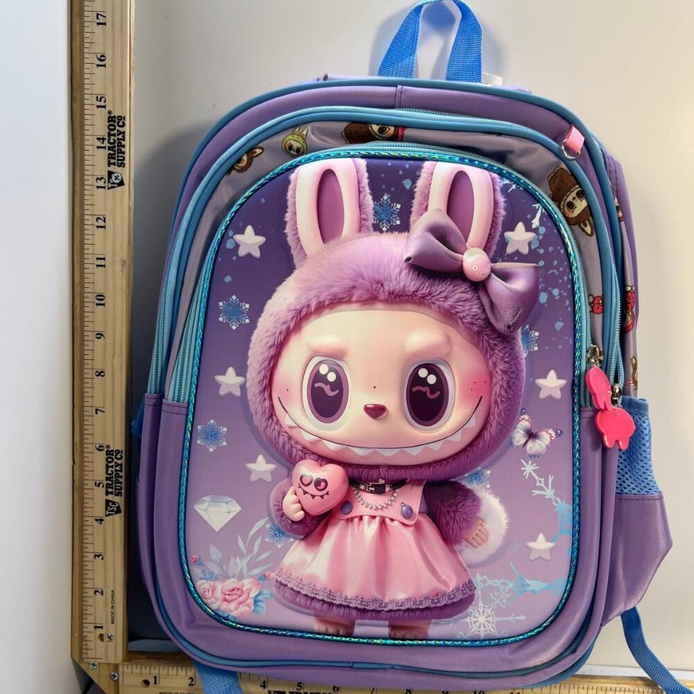 Cute Bunny Character Kids Backpack Purple Winter Design Adjustable Straps